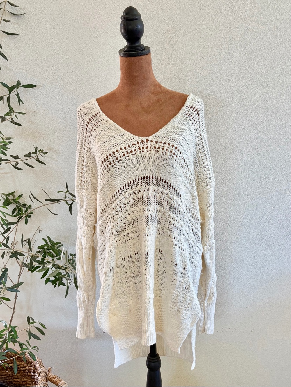 Free People Open-Knit V-Neck Sweater in Cream